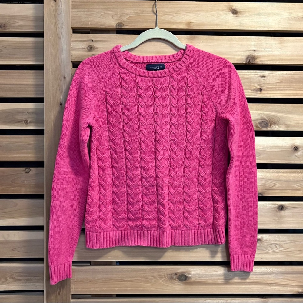 Land's End Drifter 100% Cotton Bright Pink Cable Knit Sweater